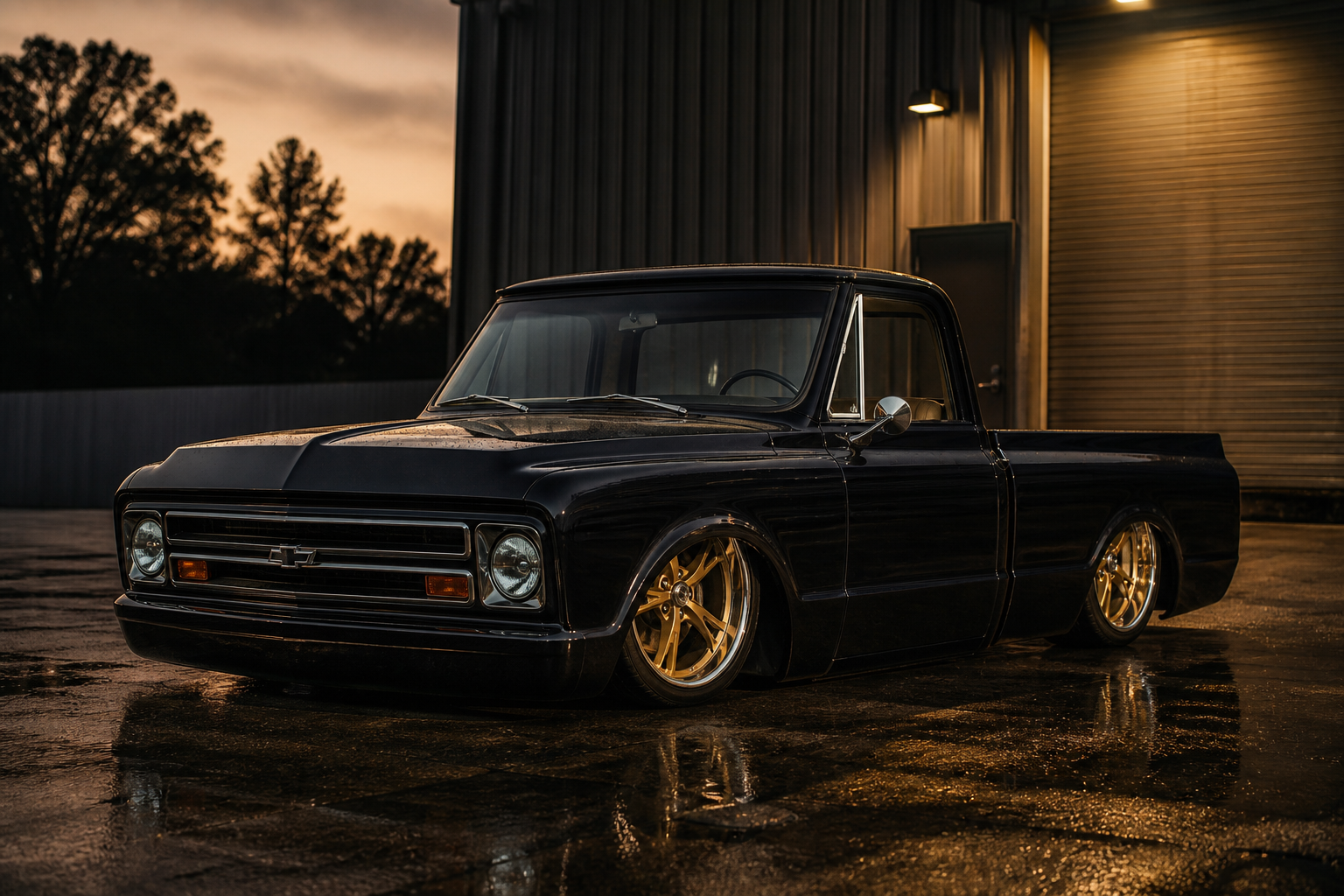 Custom slammed black 1968 Chevrolet C10 shortbed built by Ktech Speedshop
